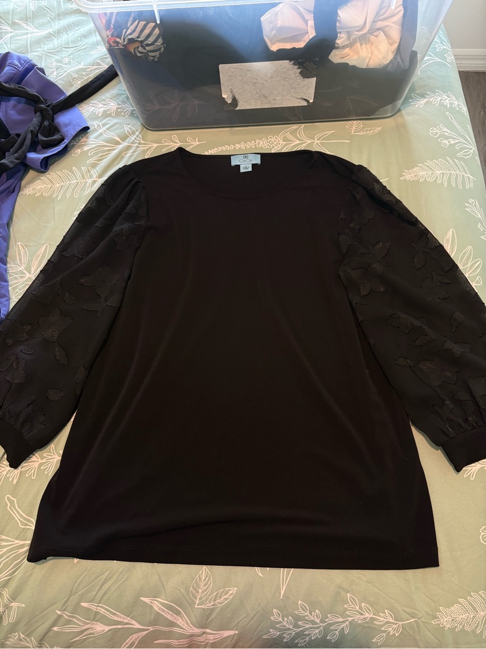 CeCe Black Tunic with Floral Lace Puff Sleeves